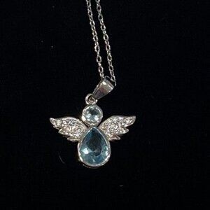 Silver Angel Pendant Necklace Light Blue Gemstone